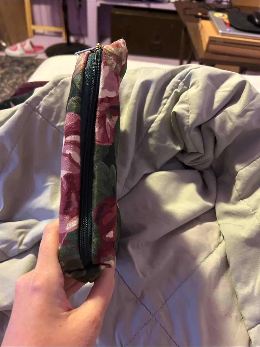Floral Rose Cosmetic Pouch - Pink and Green